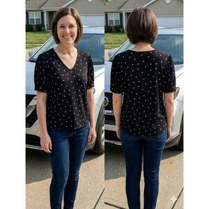 Adrianna Papell Large Black Polka Dot V-Neck Top Puff Sleeve Stretch Blouse L